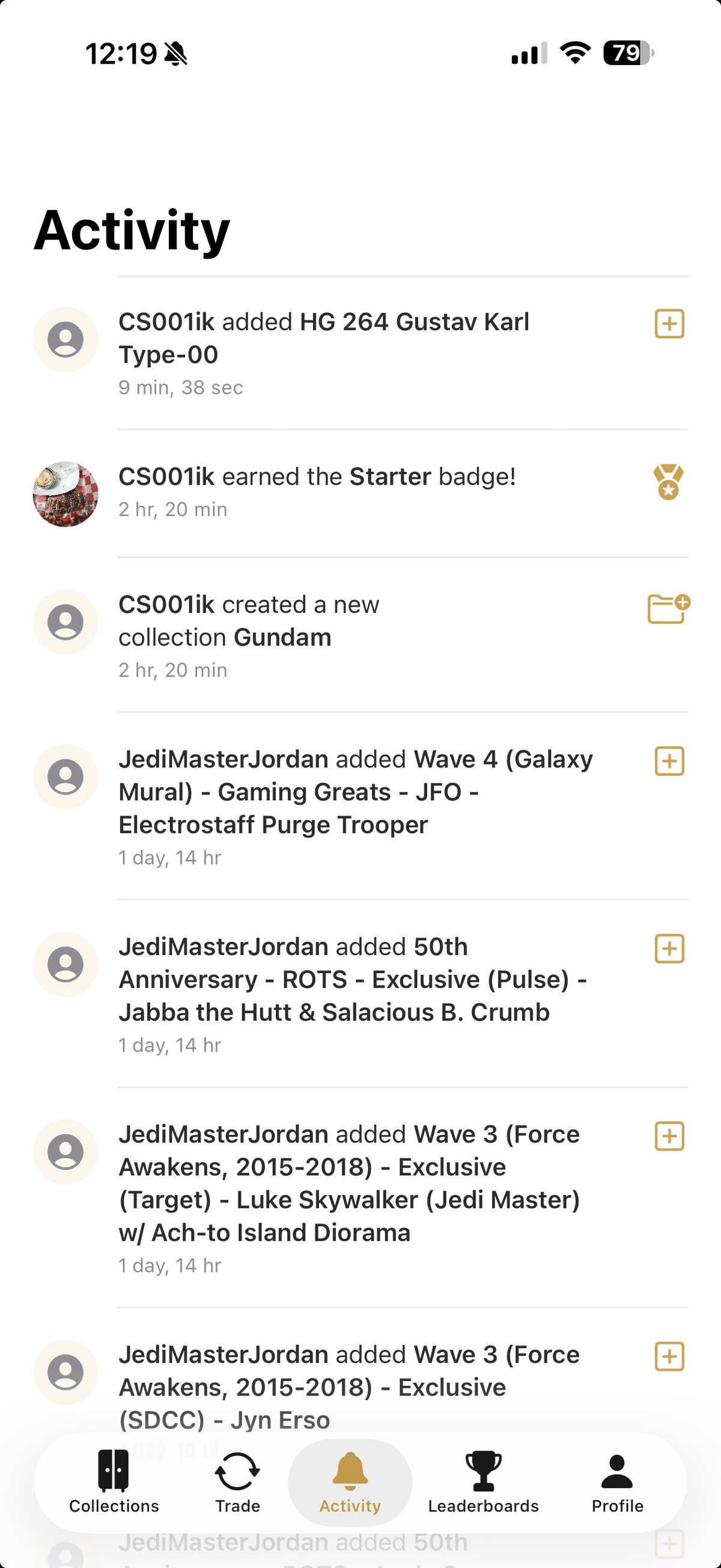 Curio activity feed showing collectors adding items, earning badges, and creating new collections
