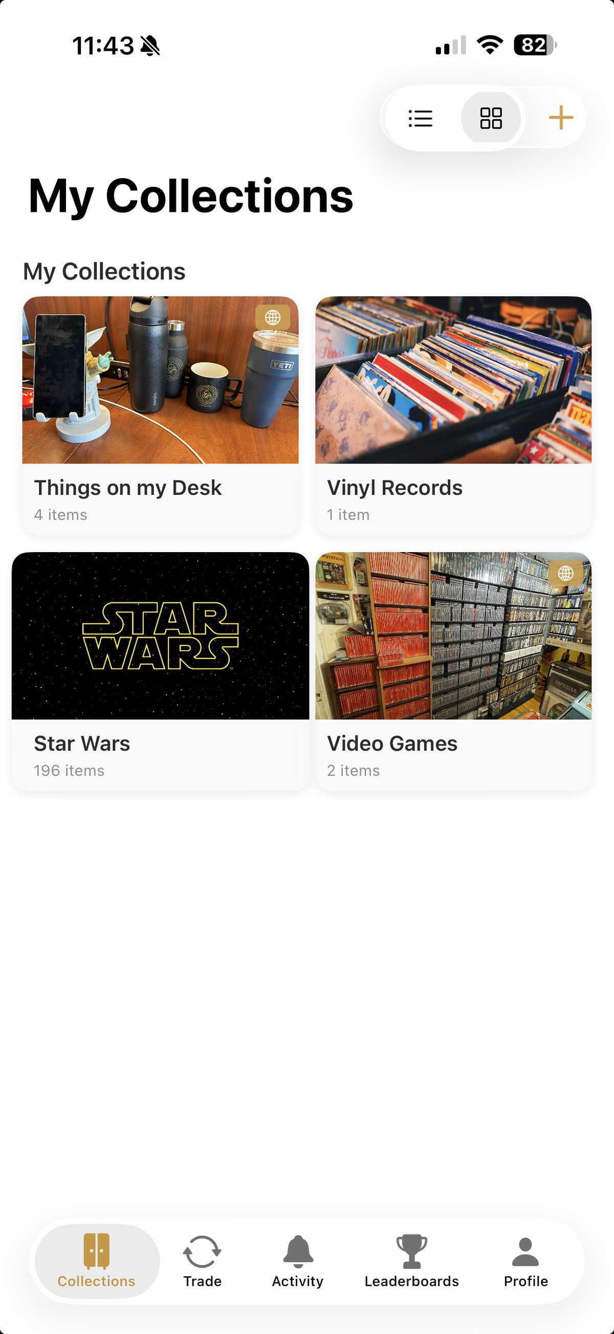 Curio My Collections grid showing Things on my Desk, Vinyl Records, Star Wars, and Video Games