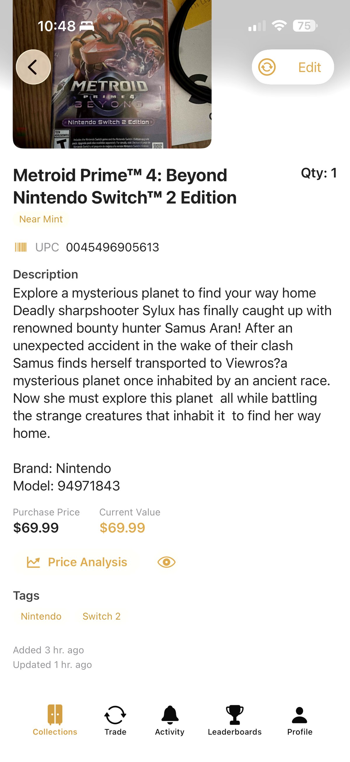 Item detail: scanned UPC with title, condition, value, tags