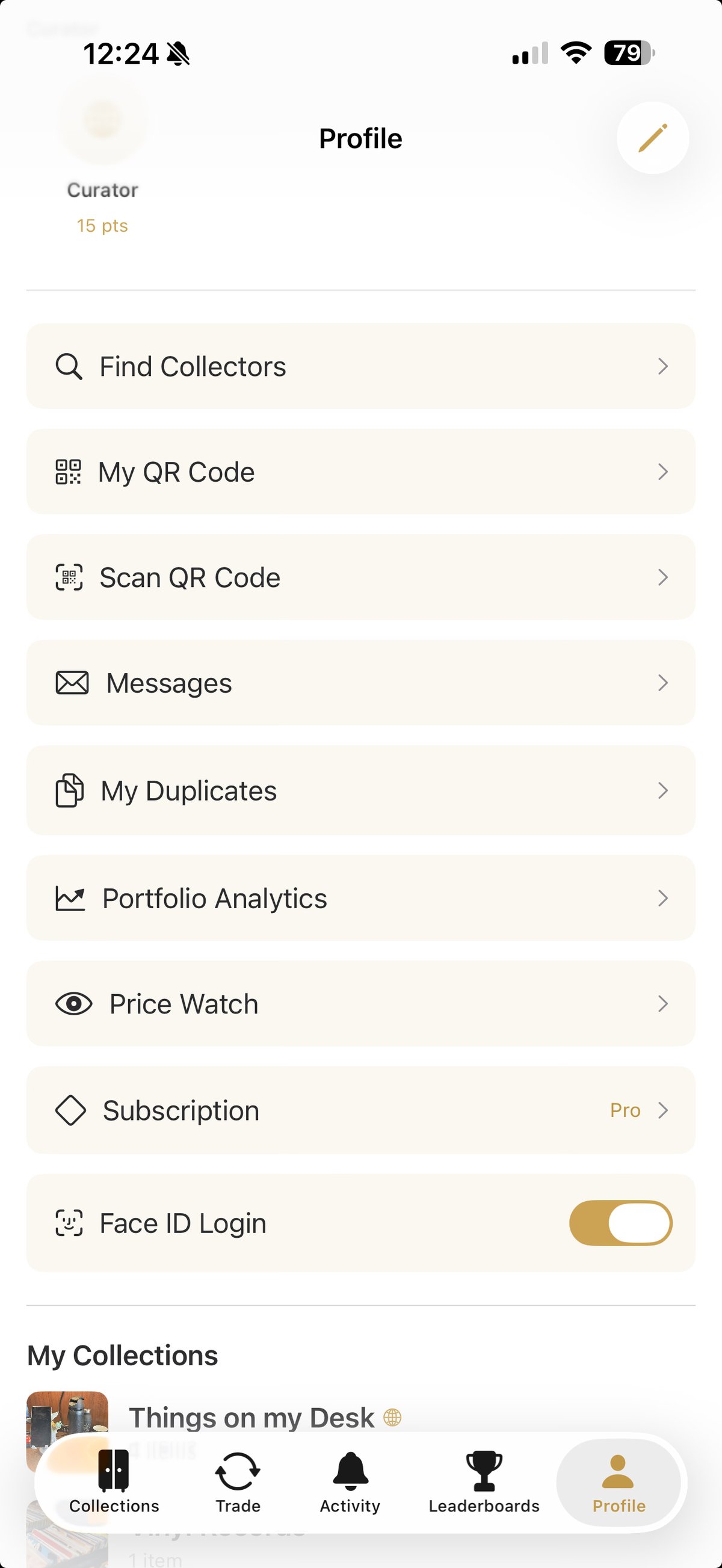 Curio profile menu with Scan QR Code, Find Collectors, Portfolio Analytics, Price Watch, and Subscription options